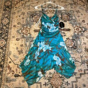 Deadstock Y2K tropical floral dress asymmetric early 2000s made in USA small